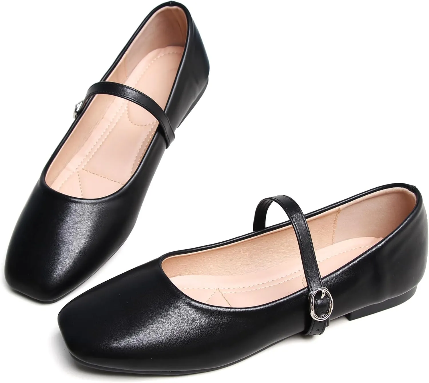 JiangWei Shu Women's Classic Square Toe Flats Comfortable Ballets Soft Mary Jane Flats Casual Shoes
