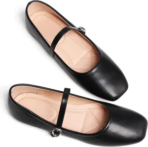 JiangWei Shu Women's Classic Square Toe Flats Comfortable Ballets Soft Mary Jane Flats Casual Shoes