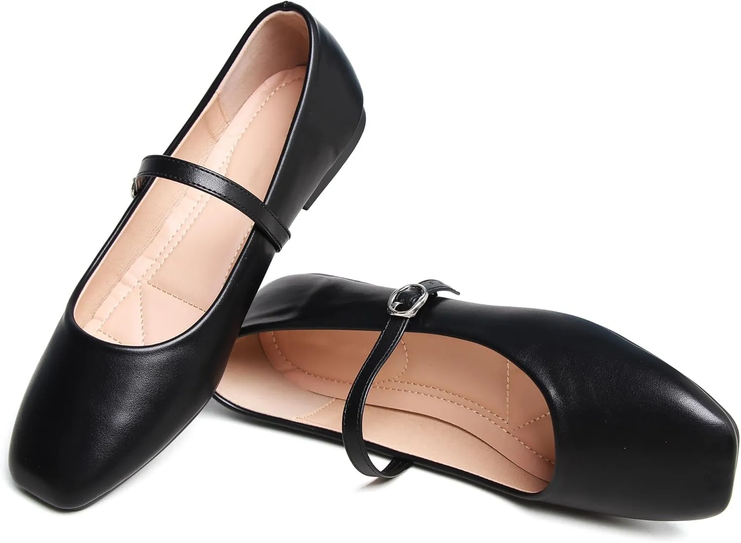 JiangWei Shu Women's Classic Square Toe Flats Comfortable Ballets Soft Mary Jane Flats Casual Shoes