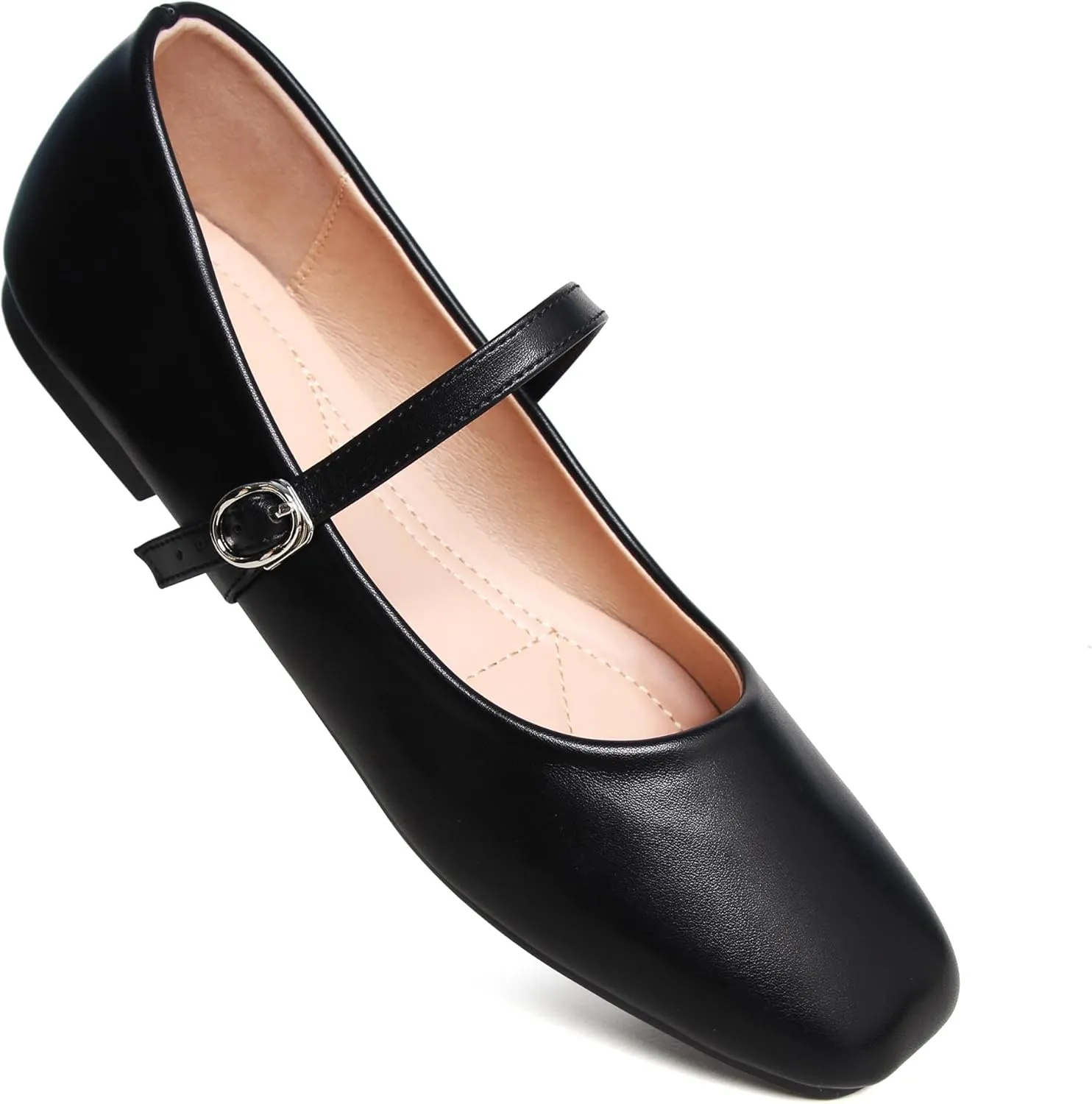 JiangWei Shu Women's Classic Square Toe Flats Comfortable Ballets Soft Mary Jane Flats Casual Shoes
