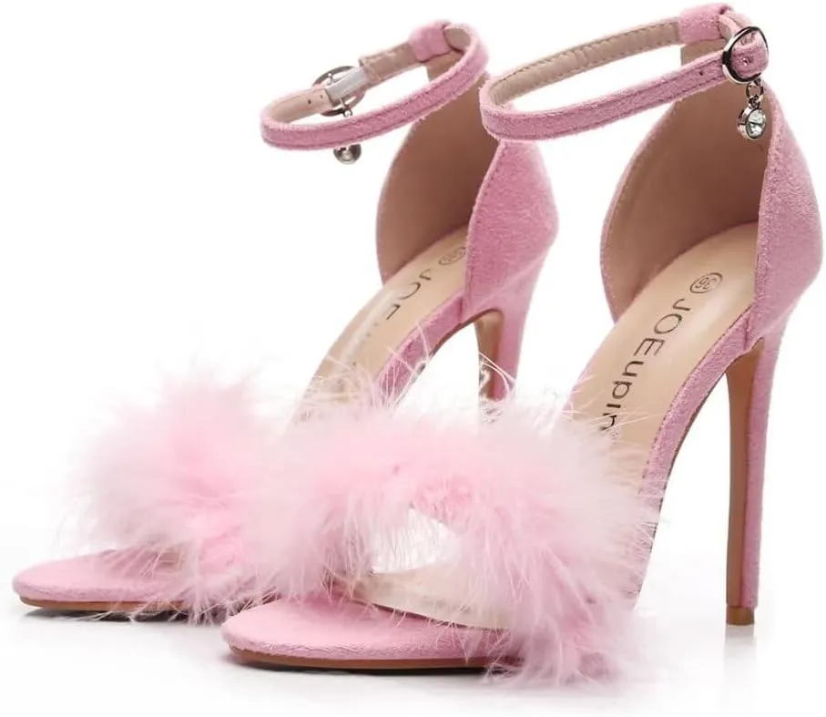 JOEupin Women's Fluffy Marabou Feather High Heels Strappy Heeled Sandals with Fur