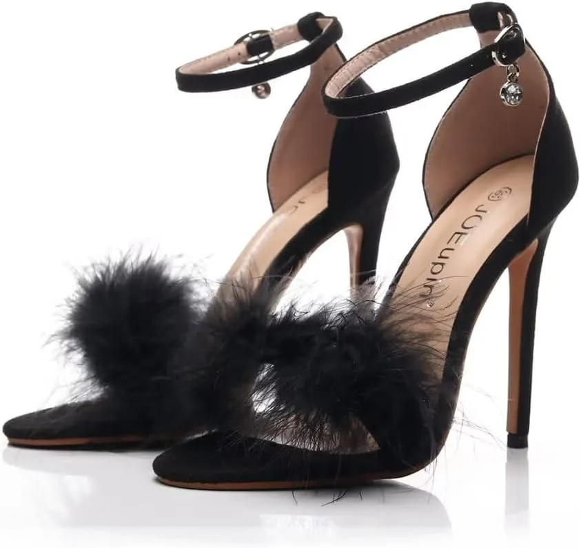 JOEupin Women's Fluffy Marabou Feather High Heels Strappy Heeled Sandals with Fur
