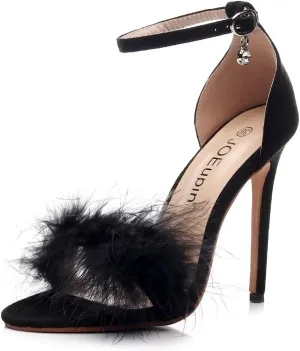 JOEupin Women's Fluffy Marabou Feather High Heels Strappy Heeled Sandals with Fur