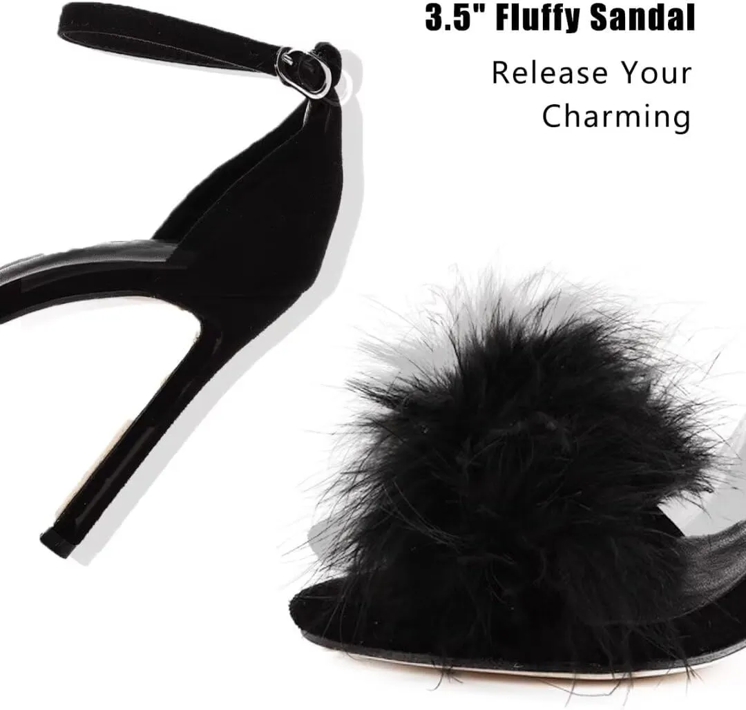 JOEupin Women's Fluffy Marabou Feather High Heels Strappy Heeled Sandals with Fur