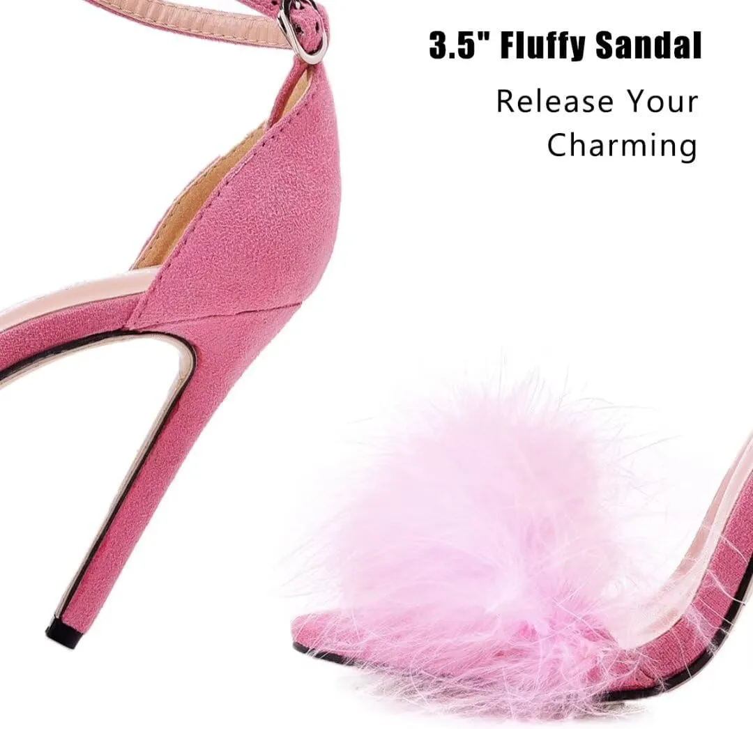 JOEupin Women's Fluffy Marabou Feather High Heels Strappy Heeled Sandals with Fur