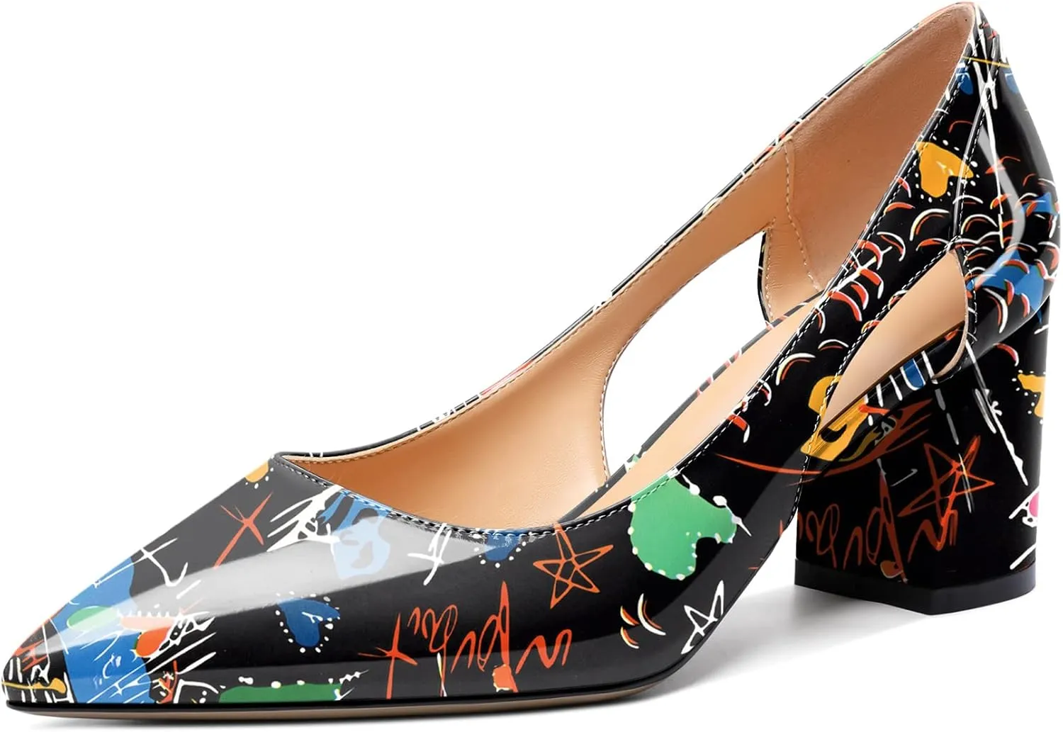 Joseywade Women Low Block Chunky Heel Pumps Slip On Cutout 2.5 Inches Closed Pointed Toe Comfort Shoes