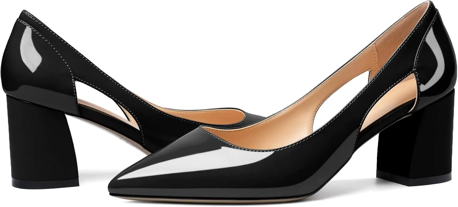 Joseywade Women Low Block Chunky Heel Pumps Slip On Cutout 2.5 Inches Closed Pointed Toe Comfort Shoes