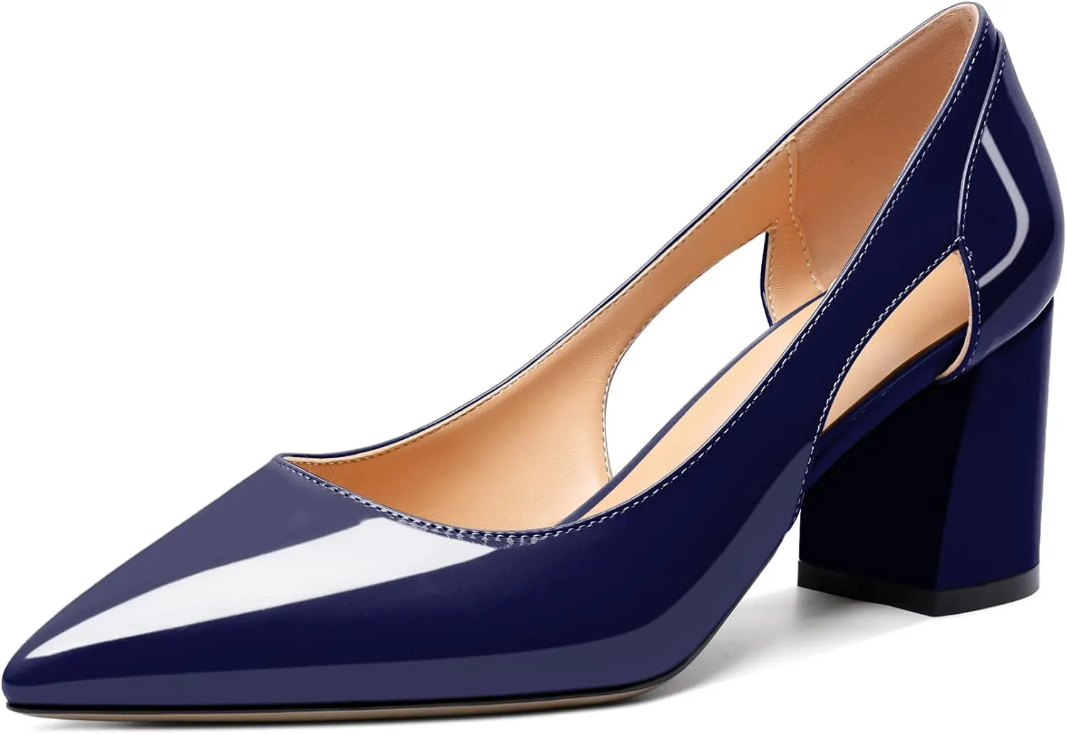Joseywade Women Low Block Chunky Heel Pumps Slip On Cutout 2.5 Inches Closed Pointed Toe Comfort Shoes