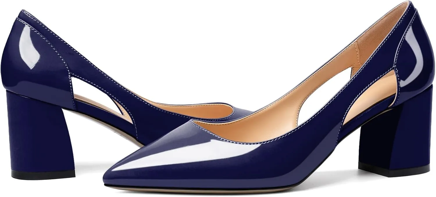 Joseywade Women Low Block Chunky Heel Pumps Slip On Cutout 2.5 Inches Closed Pointed Toe Comfort Shoes
