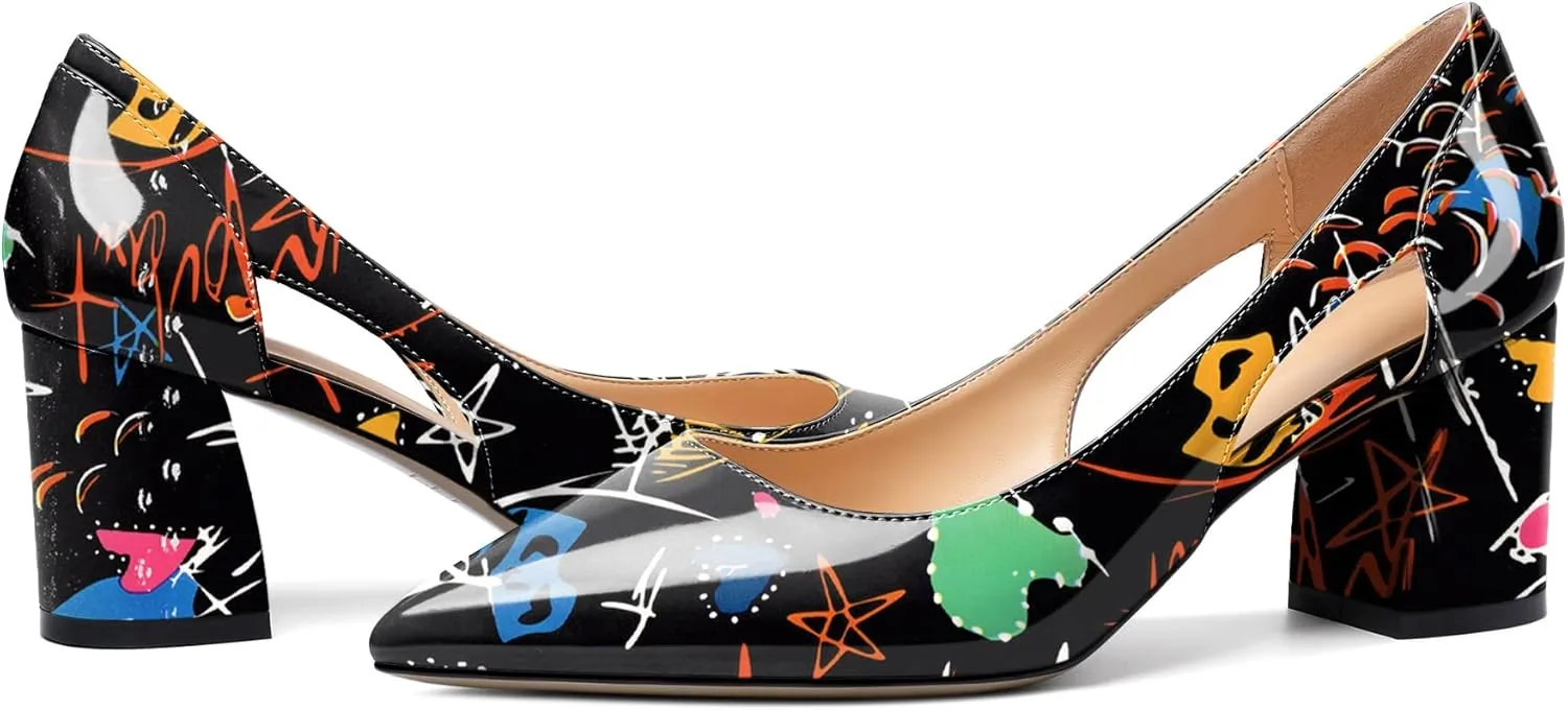Joseywade Women Low Block Chunky Heel Pumps Slip On Cutout 2.5 Inches Closed Pointed Toe Comfort Shoes