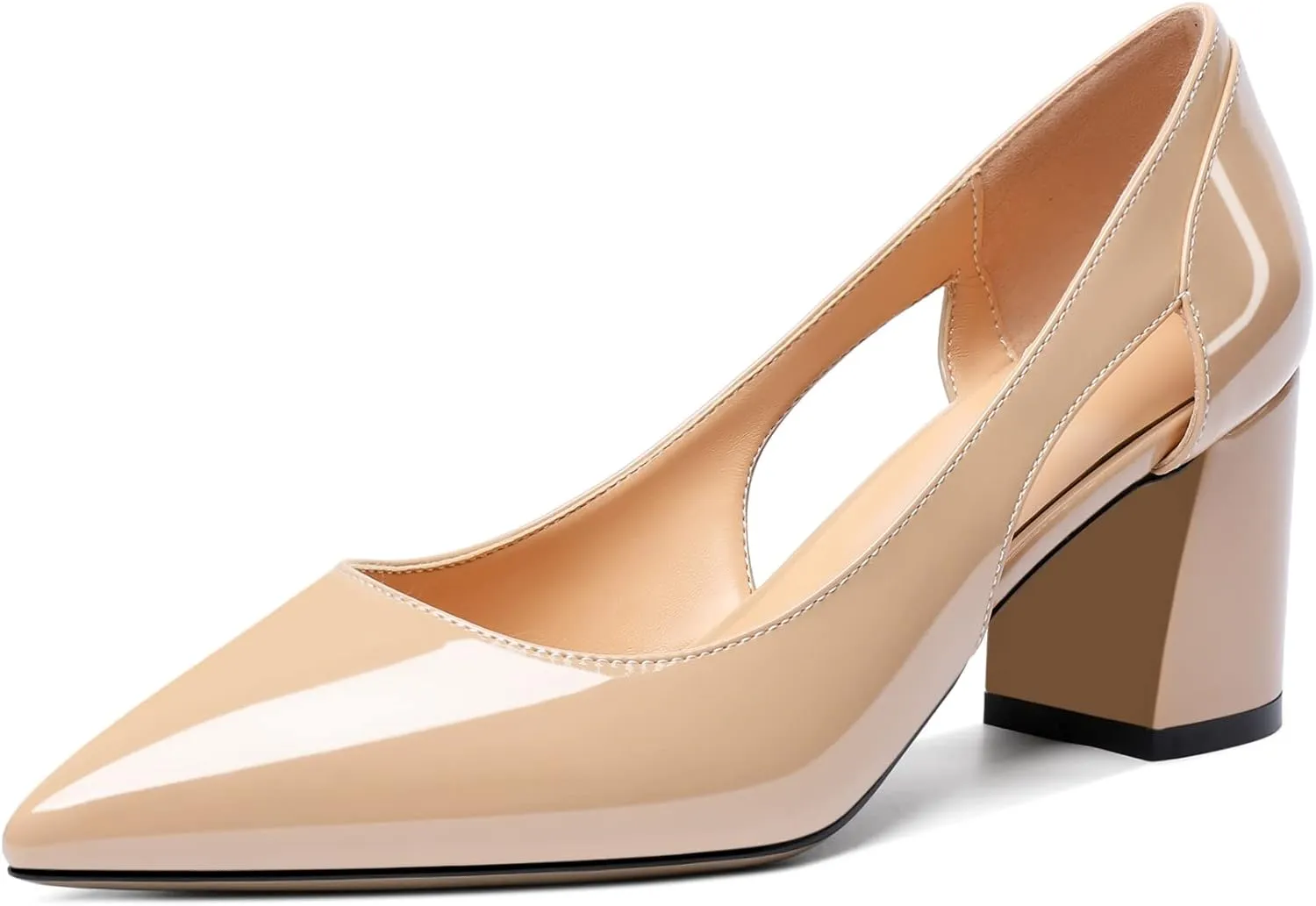 Joseywade Women Low Block Chunky Heel Pumps Slip On Cutout 2.5 Inches Closed Pointed Toe Comfort Shoes