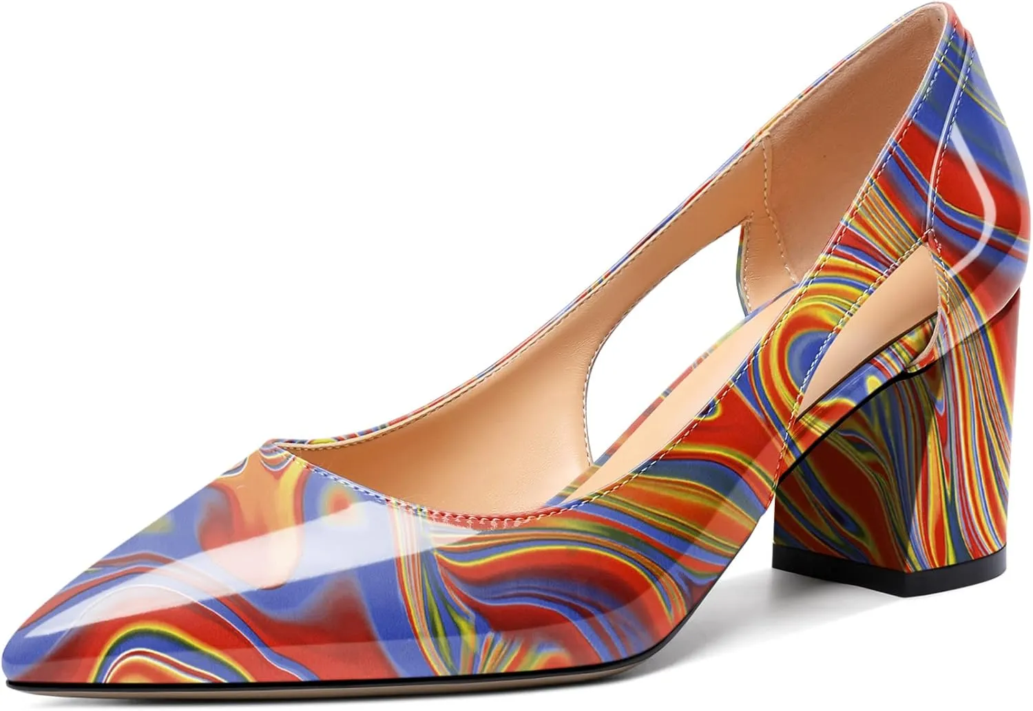 Joseywade Women Low Block Chunky Heel Pumps Slip On Cutout 2.5 Inches Closed Pointed Toe Comfort Shoes