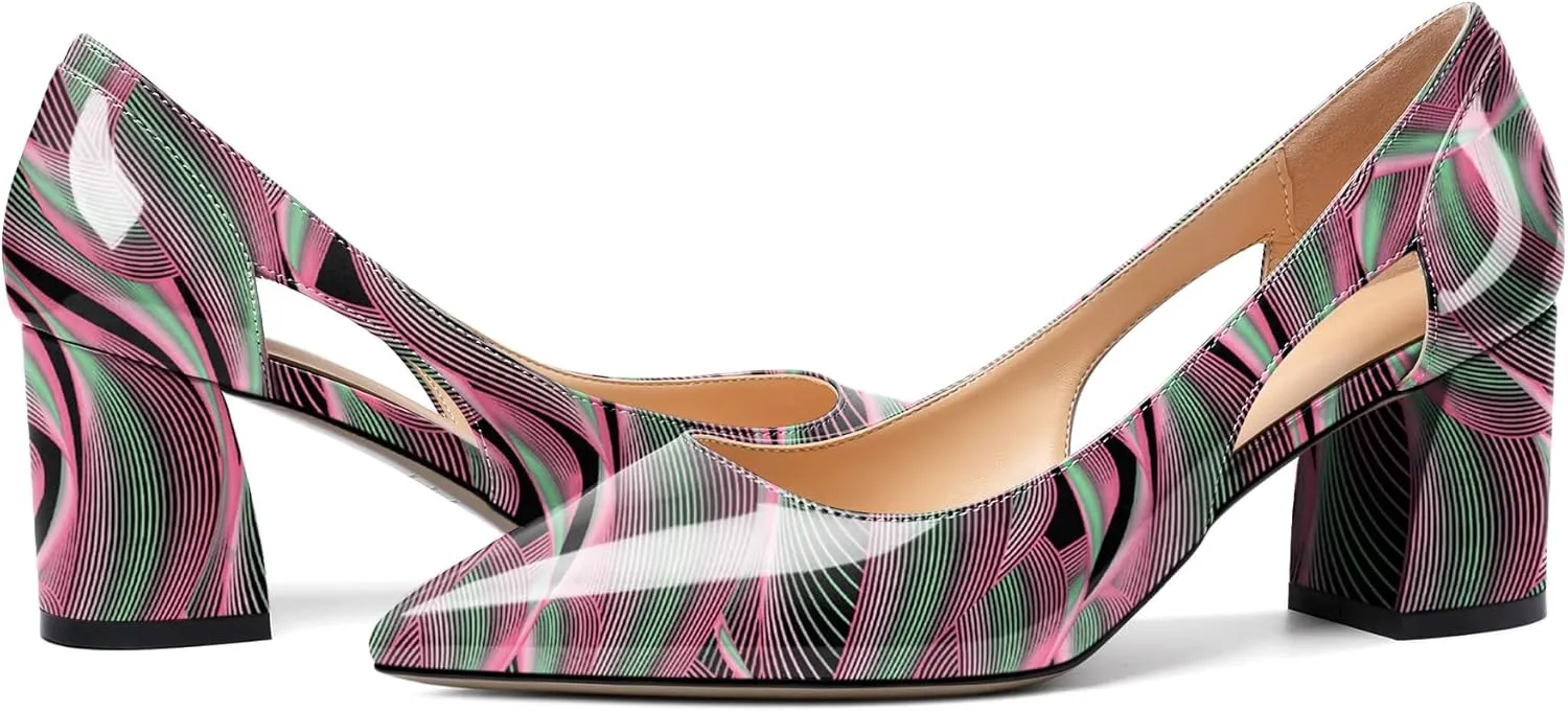 Joseywade Women Low Block Chunky Heel Pumps Slip On Cutout 2.5 Inches Closed Pointed Toe Comfort Shoes