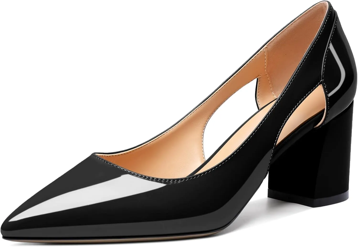 Joseywade Women Low Block Chunky Heel Pumps Slip On Cutout 2.5 Inches Closed Pointed Toe Comfort Shoes