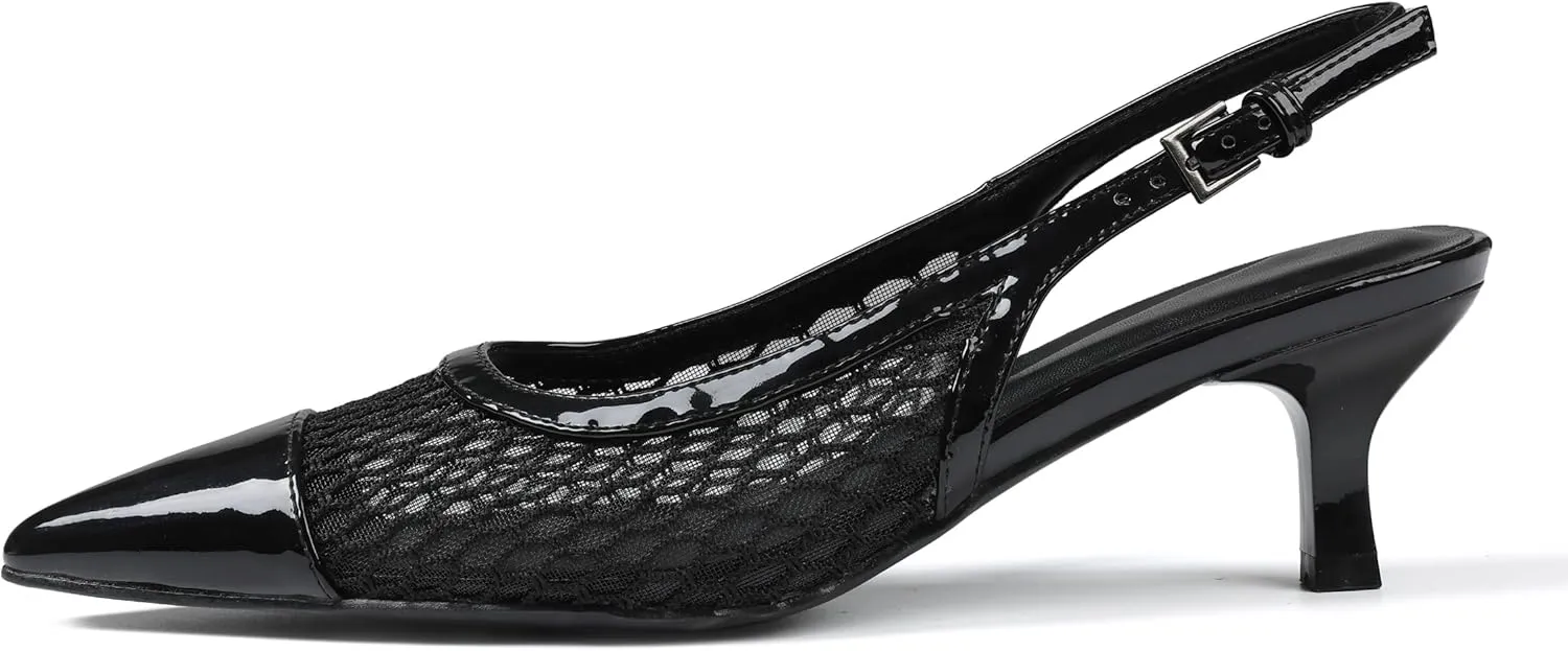 Kitten Heels for Women Mesh Pumps Slingback Closed Pointed Toe Heels Wedding Work Dress Sexy Low Pumps Shoes