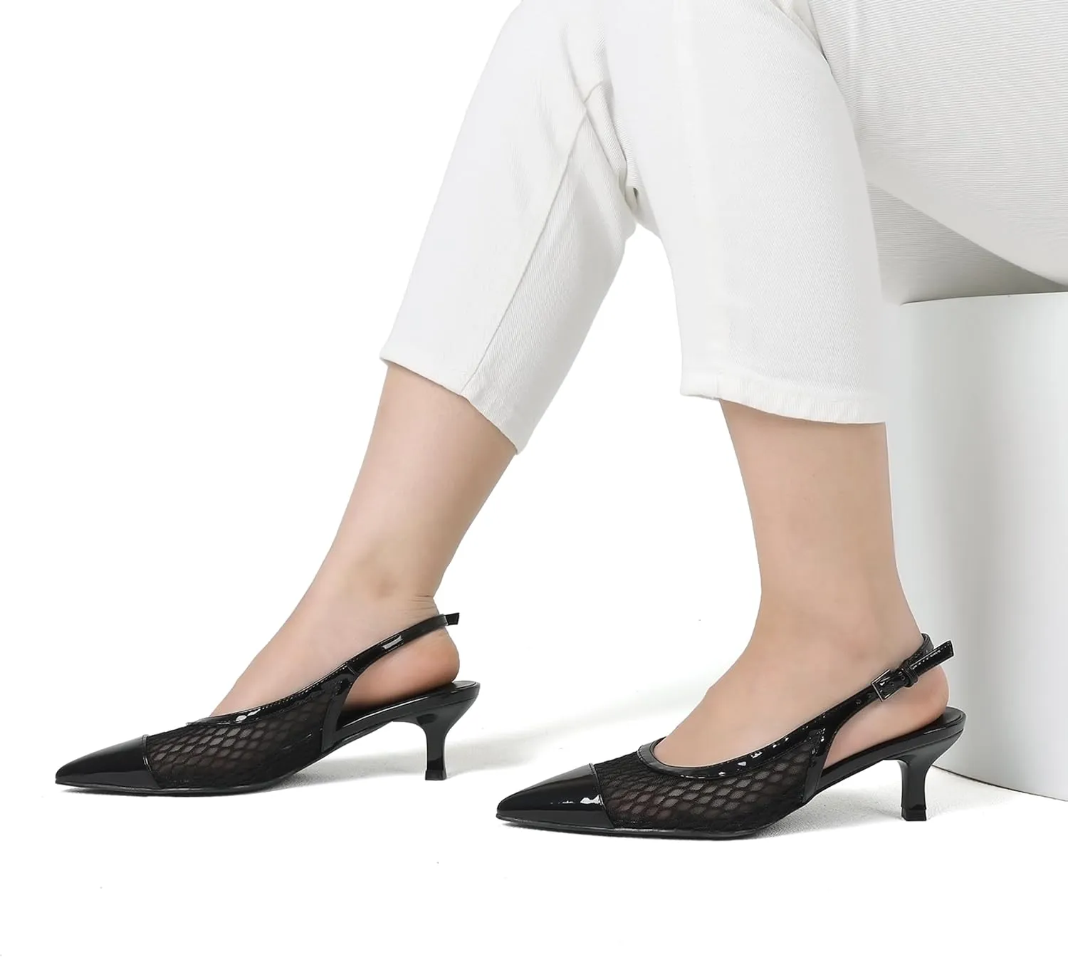 Kitten Heels for Women Mesh Pumps Slingback Closed Pointed Toe Heels Wedding Work Dress Sexy Low Pumps Shoes