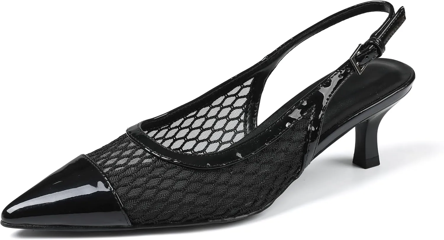 Kitten Heels for Women Mesh Pumps Slingback Closed Pointed Toe Heels Wedding Work Dress Sexy Low Pumps Shoes