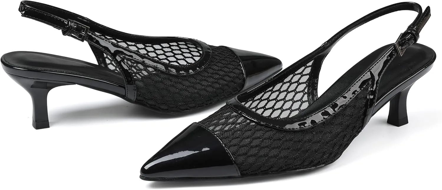 Kitten Heels for Women Mesh Pumps Slingback Closed Pointed Toe Heels Wedding Work Dress Sexy Low Pumps Shoes