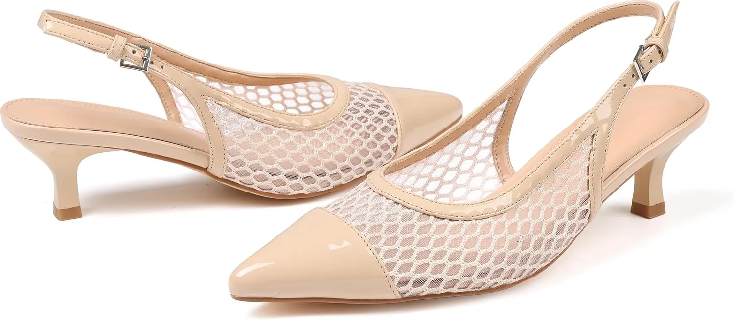 Kitten Heels for Women Mesh Pumps Slingback Closed Pointed Toe Heels Wedding Work Dress Sexy Low Pumps Shoes