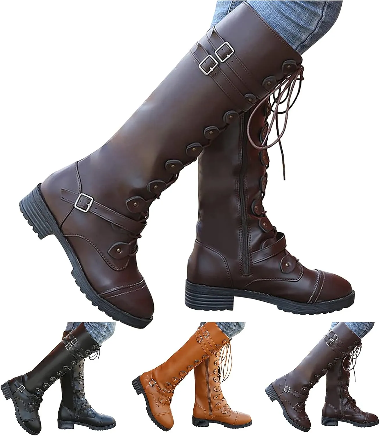 Knee High Women Combat Boots Combat Boots for Women Women's Knee High Riding Lace Up Buckle Military Combat Boots