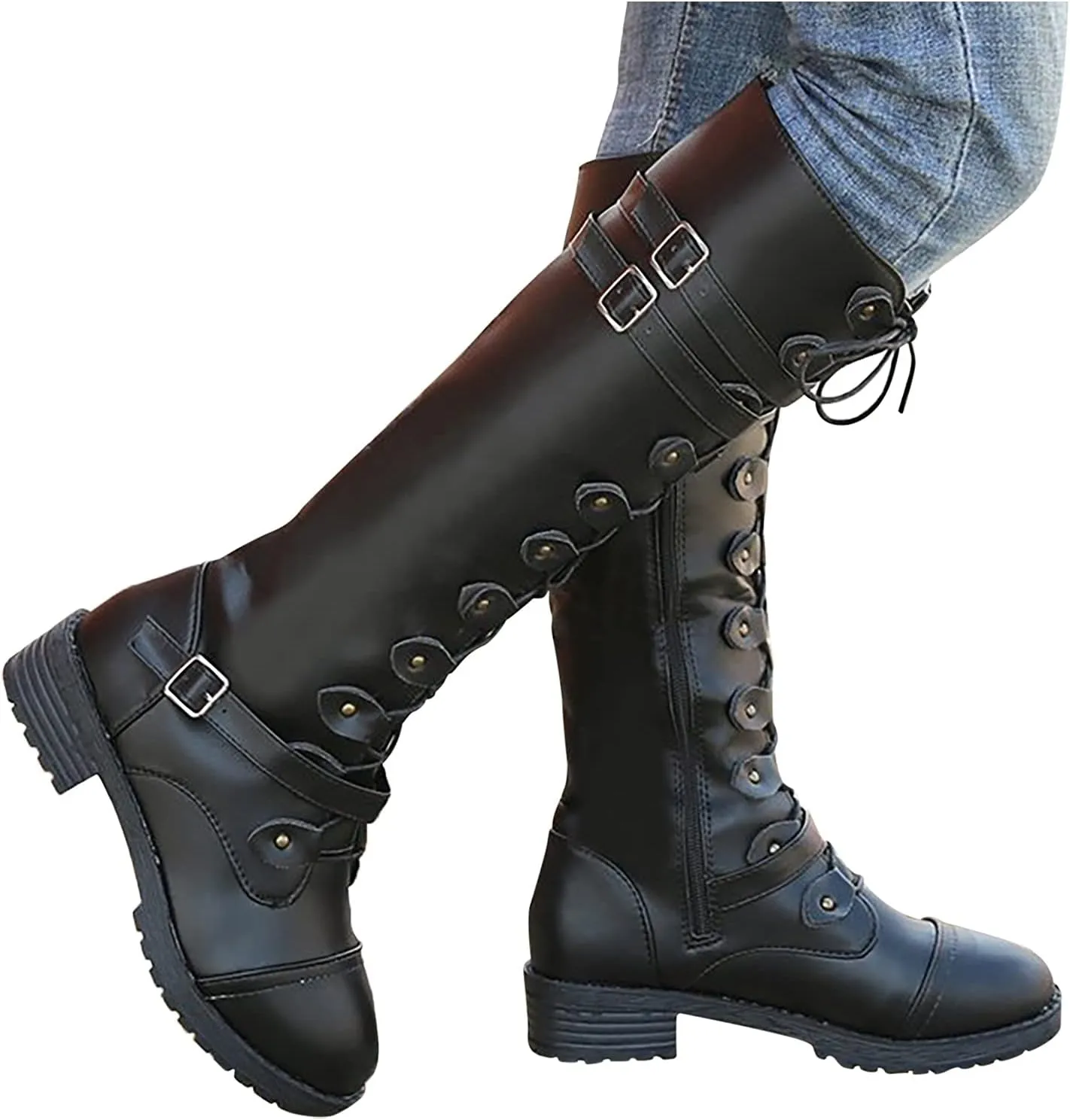 Knee High Women Combat Boots Combat Boots for Women Women's Knee High Riding Lace Up Buckle Military Combat Boots