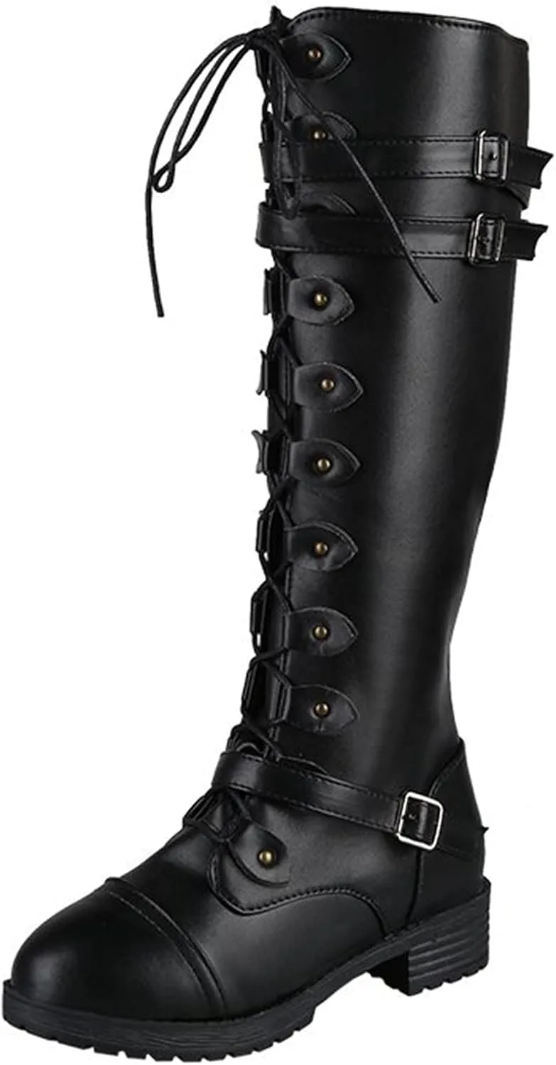 Knee High Women Combat Boots Combat Boots for Women Women's Knee High Riding Lace Up Buckle Military Combat Boots