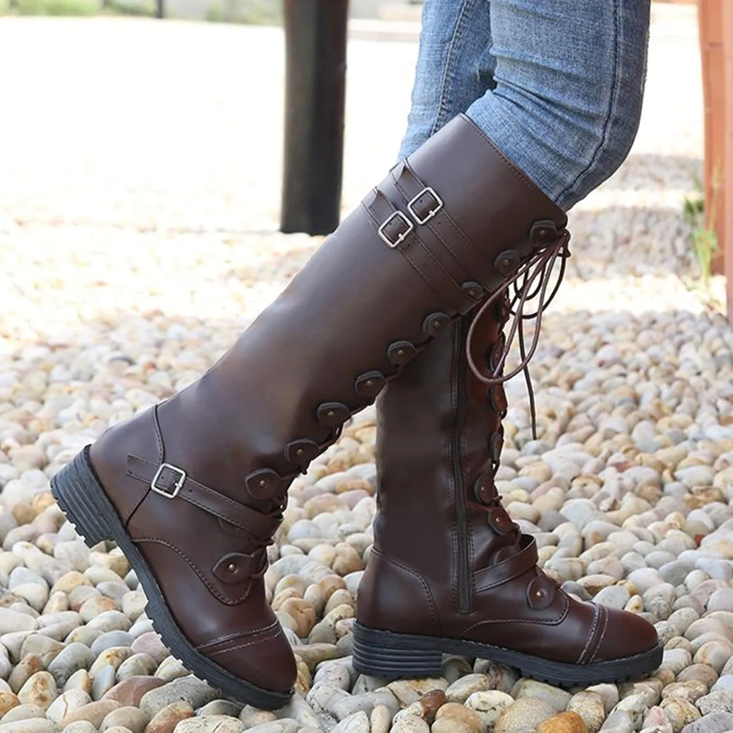Knee High Women Combat Boots Combat Boots for Women Women's Knee High Riding Lace Up Buckle Military Combat Boots