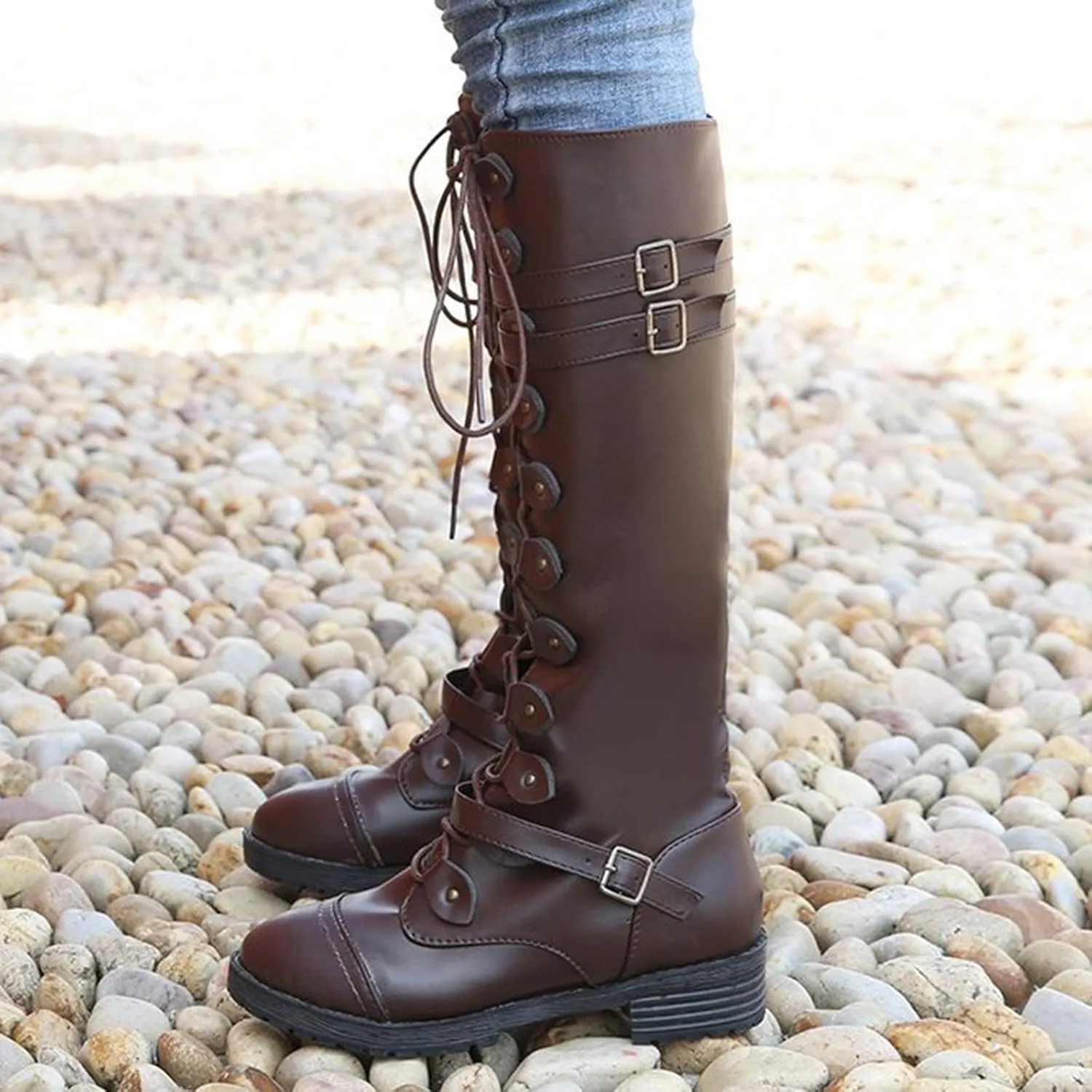 Knee High Women Combat Boots Combat Boots for Women Women's Knee High Riding Lace Up Buckle Military Combat Boots