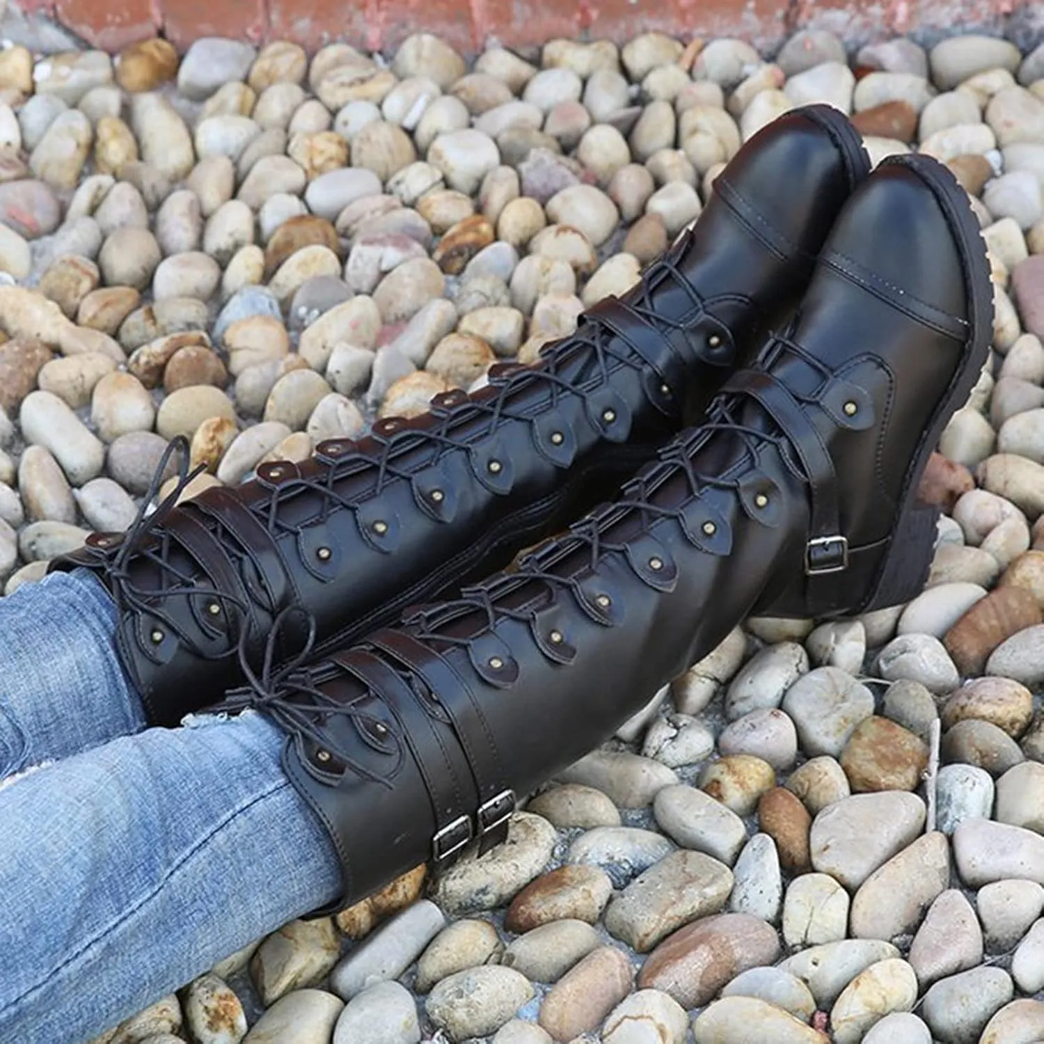 Knee High Women Combat Boots Combat Boots for Women Women's Knee High Riding Lace Up Buckle Military Combat Boots