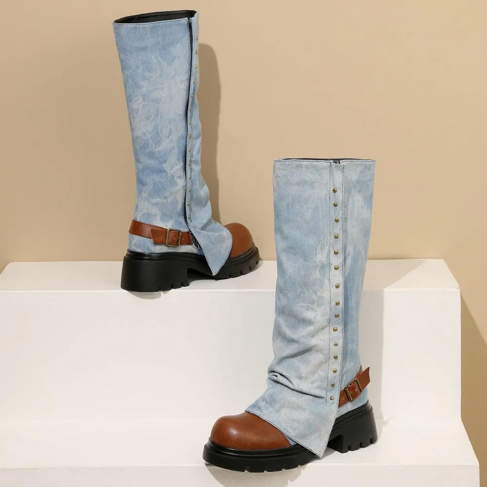 KOKOMOMO Fold Over Boots Denim Chunky Heel Knee High Platform Boots Goth Combat Boots