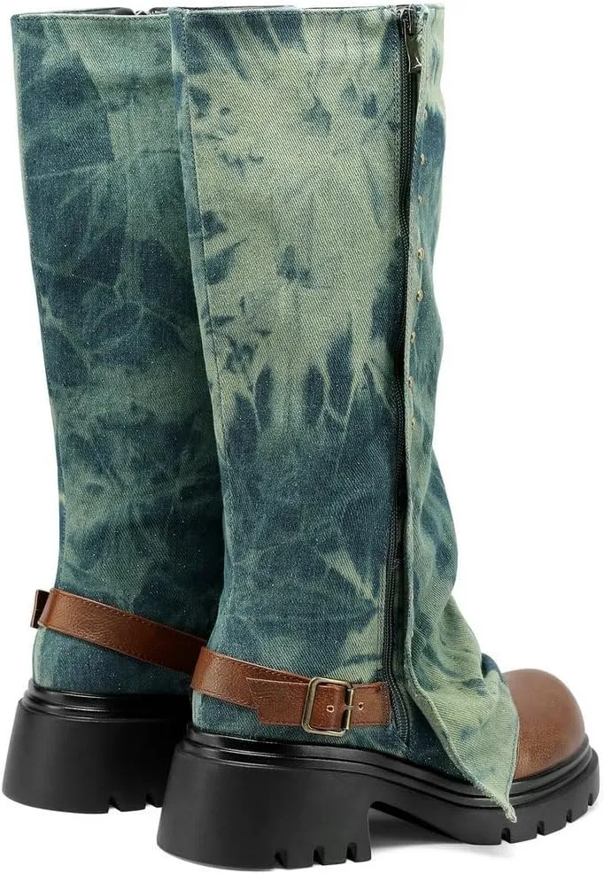KOKOMOMO Fold Over Boots Denim Chunky Heel Knee High Platform Boots Goth Combat Boots