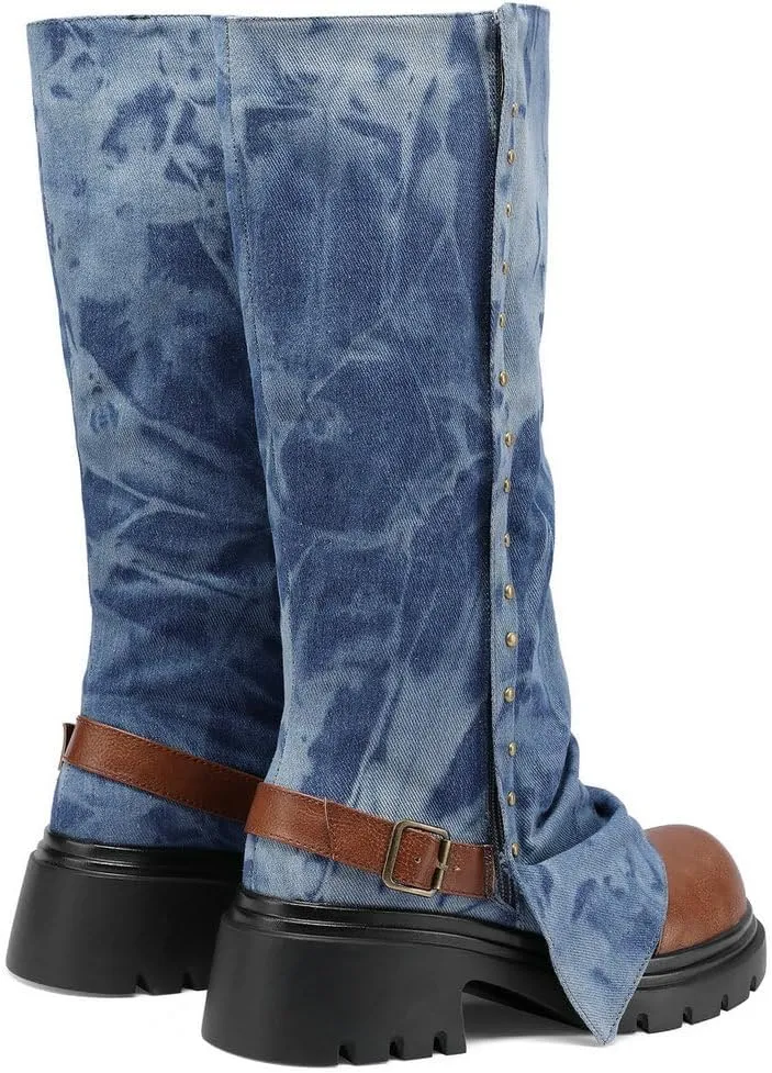 KOKOMOMO Fold Over Boots Denim Chunky Heel Knee High Platform Boots Goth Combat Boots