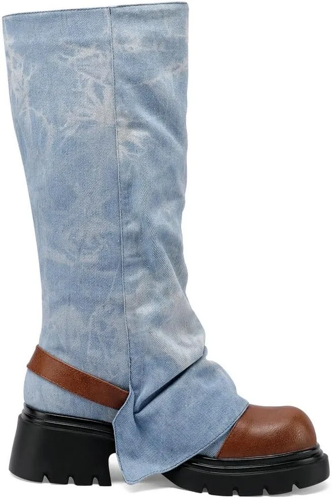 KOKOMOMO Fold Over Boots Denim Chunky Heel Knee High Platform Boots Goth Combat Boots