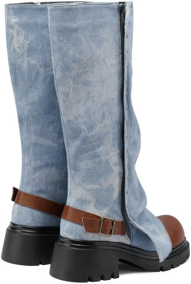 KOKOMOMO Fold Over Boots Denim Chunky Heel Knee High Platform Boots Goth Combat Boots
