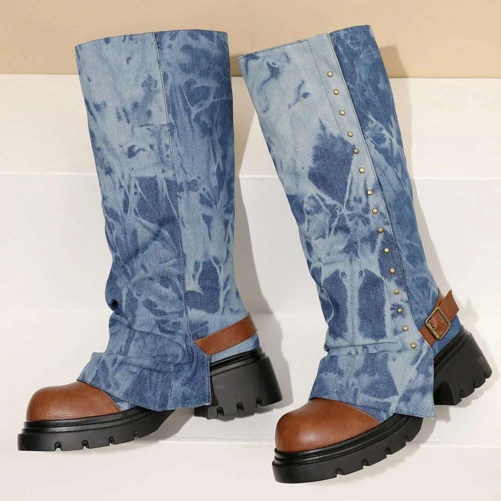 KOKOMOMO Fold Over Boots Denim Chunky Heel Knee High Platform Boots Goth Combat Boots