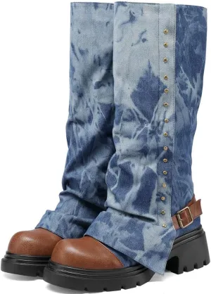 KOKOMOMO Fold Over Boots Denim Chunky Heel Knee High Platform Boots Goth Combat Boots