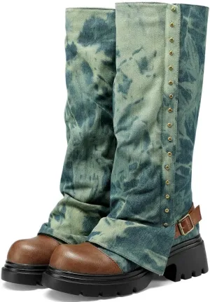 KOKOMOMO Fold Over Boots Denim Chunky Heel Knee High Platform Boots Goth Combat Boots