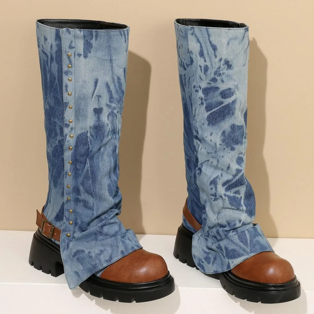 KOKOMOMO Fold Over Boots Denim Chunky Heel Knee High Platform Boots Goth Combat Boots