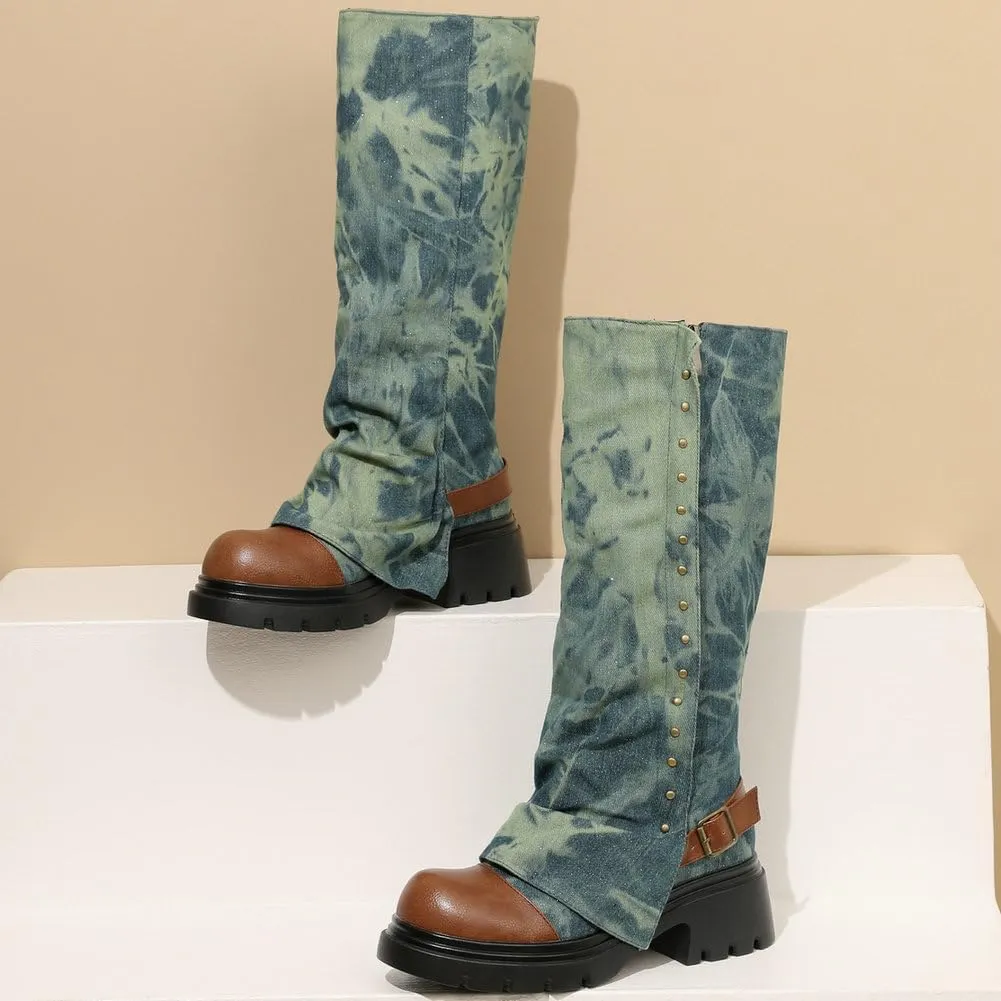 KOKOMOMO Fold Over Boots Denim Chunky Heel Knee High Platform Boots Goth Combat Boots
