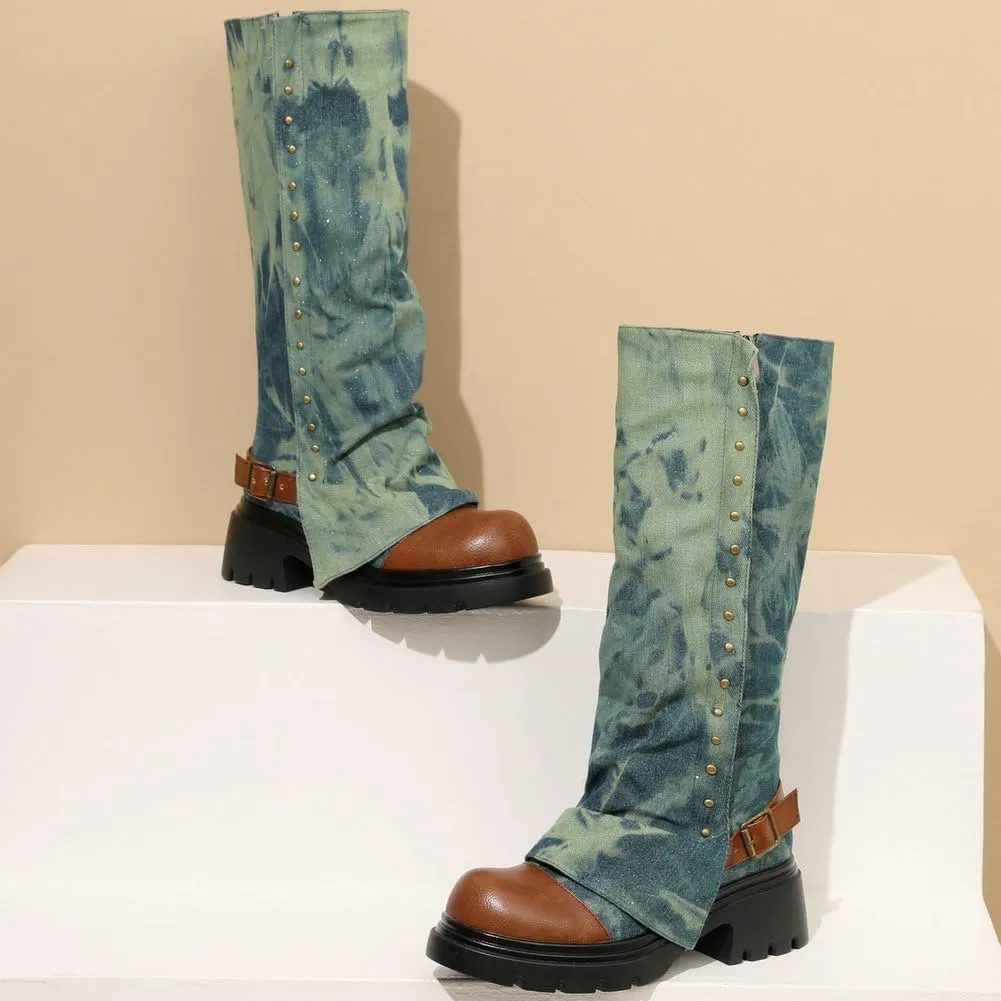 KOKOMOMO Fold Over Boots Denim Chunky Heel Knee High Platform Boots Goth Combat Boots