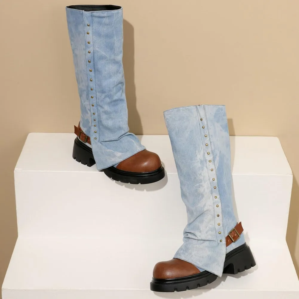KOKOMOMO Fold Over Boots Denim Chunky Heel Knee High Platform Boots Goth Combat Boots