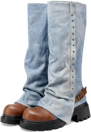 KOKOMOMO Fold Over Boots Denim Chunky Heel Knee High Platform Boots Goth Combat Boots