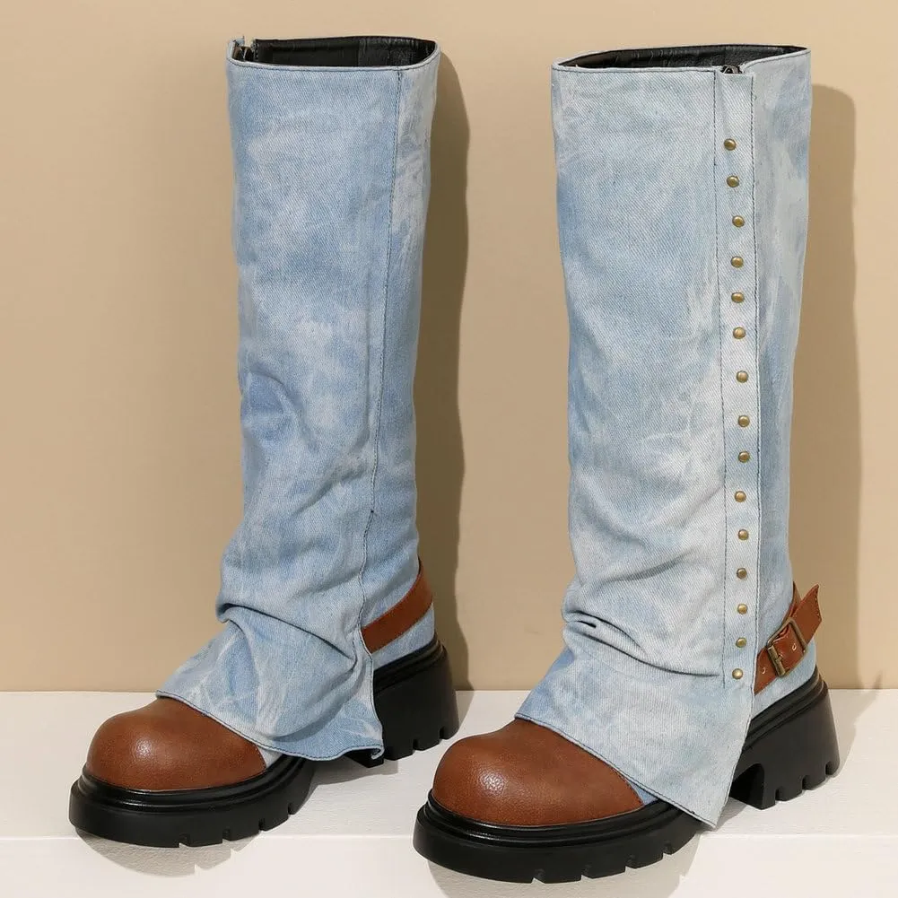 KOKOMOMO Fold Over Boots Denim Chunky Heel Knee High Platform Boots Goth Combat Boots