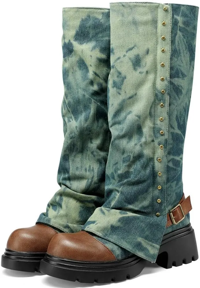 KOKOMOMO Fold Over Boots Denim Chunky Heel Knee High Platform Boots Goth Combat Boots