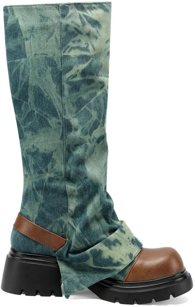 KOKOMOMO Fold Over Boots Denim Chunky Heel Knee High Platform Boots Goth Combat Boots