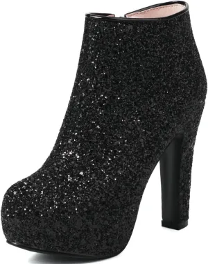 KOKOMOMO Sequin Sparkly Platform Ankle Boots Chunky High Heel Zip Up Booties Wedding Party Dress Glitter Shoes