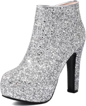KOKOMOMO Sequin Sparkly Platform Ankle Boots Chunky High Heel Zip Up Booties Wedding Party Dress Glitter Shoes