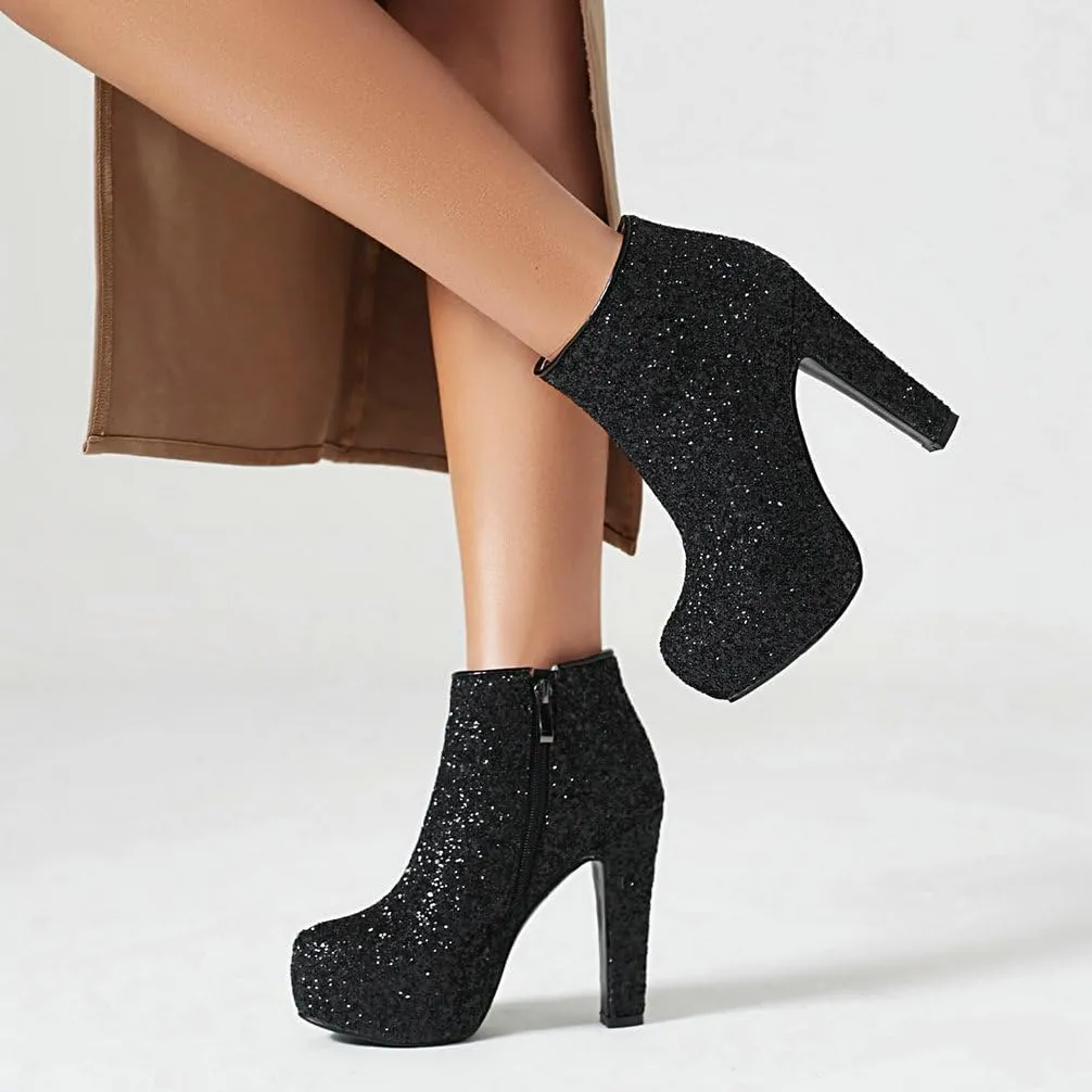 KOKOMOMO Sequin Sparkly Platform Ankle Boots Chunky High Heel Zip Up Booties Wedding Party Dress Glitter Shoes