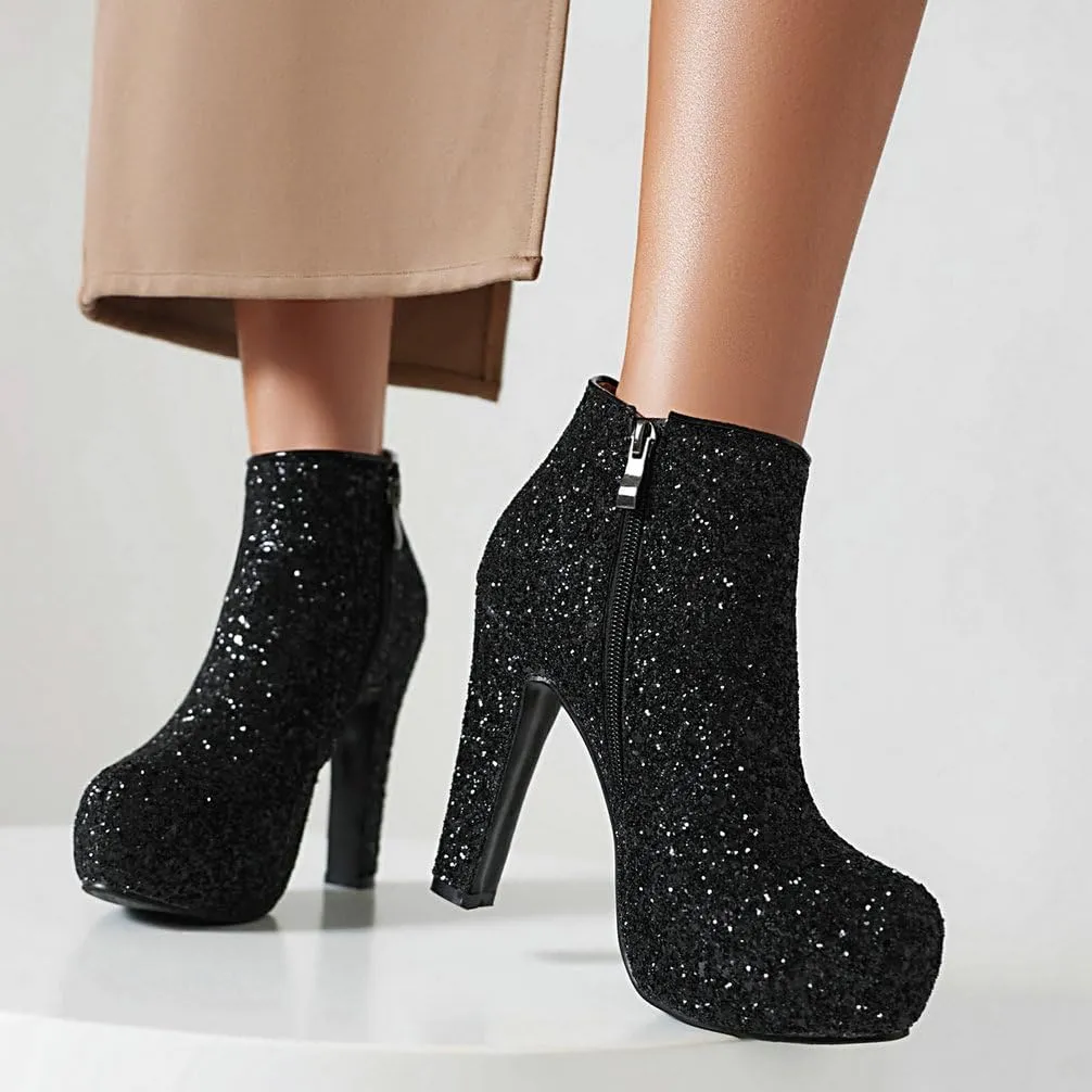 KOKOMOMO Sequin Sparkly Platform Ankle Boots Chunky High Heel Zip Up Booties Wedding Party Dress Glitter Shoes
