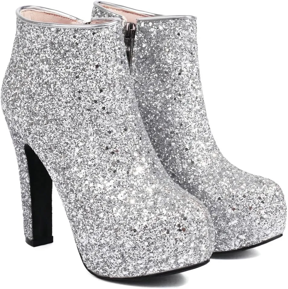 KOKOMOMO Sequin Sparkly Platform Ankle Boots Chunky High Heel Zip Up Booties Wedding Party Dress Glitter Shoes